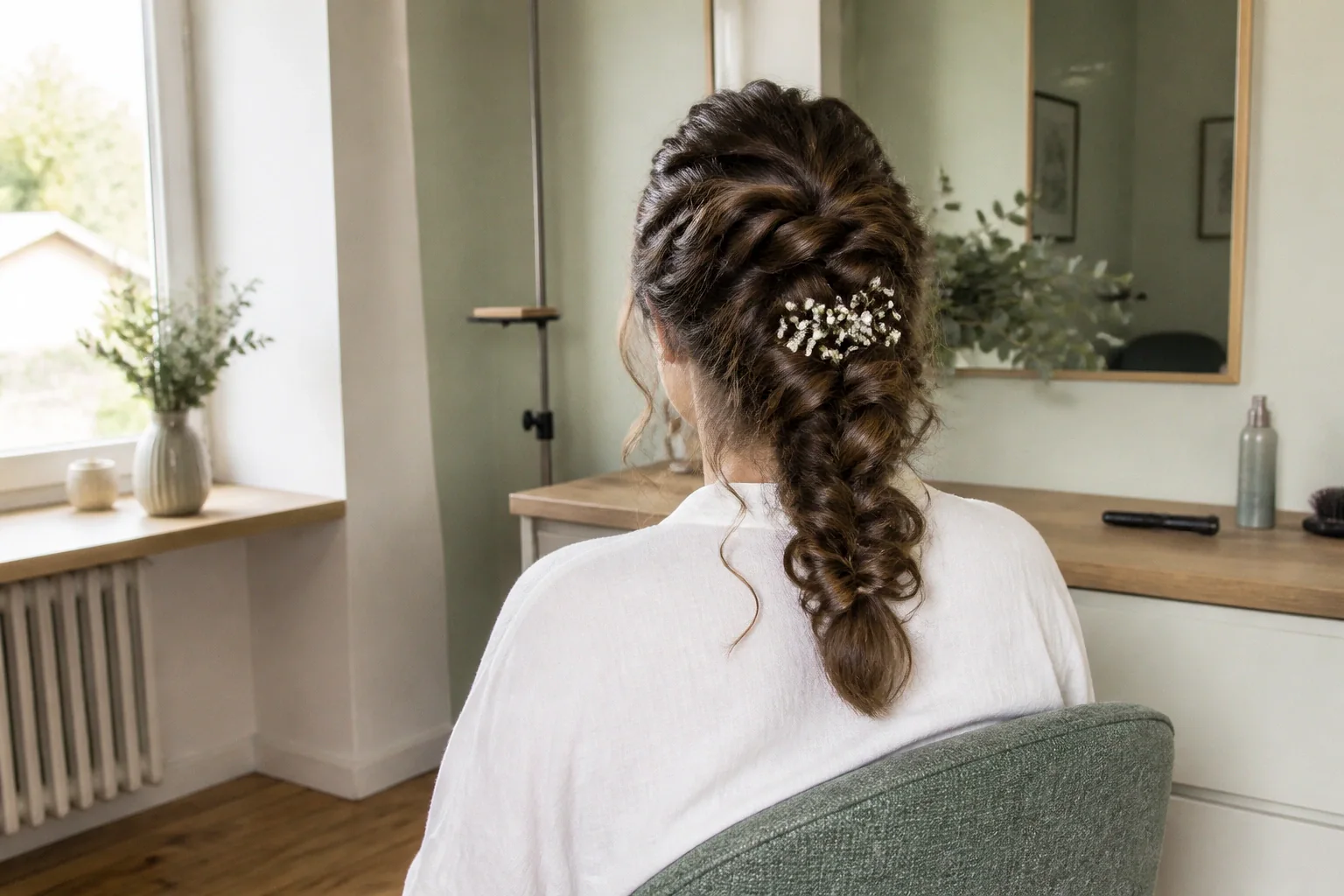 Coiffure de cérémonie vue pendant la préparation — illustration générée par IA