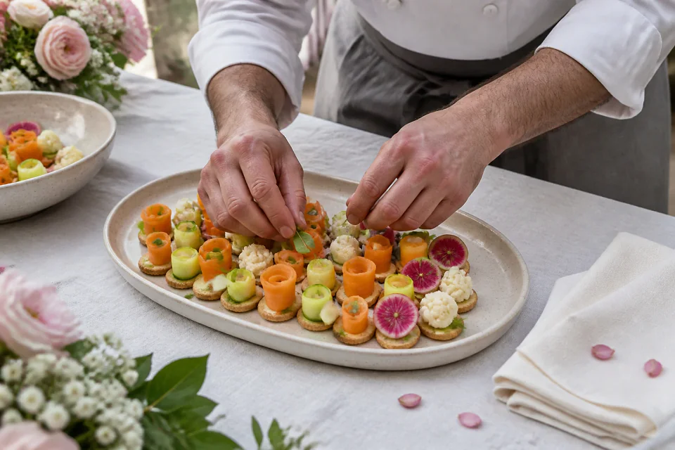 Préparations salées pour un cocktail de mariage — illustration générée par IA