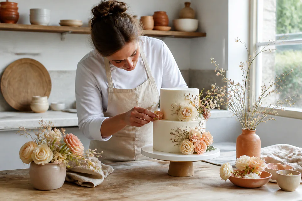 Gâteau de mariage préparé dans un atelier — illustration générée par IA