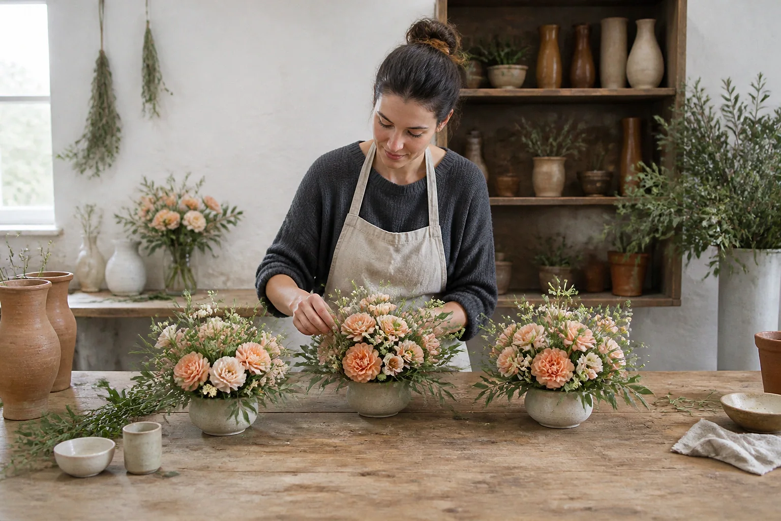 Préparation florale pour un mariage — illustration générée par IA