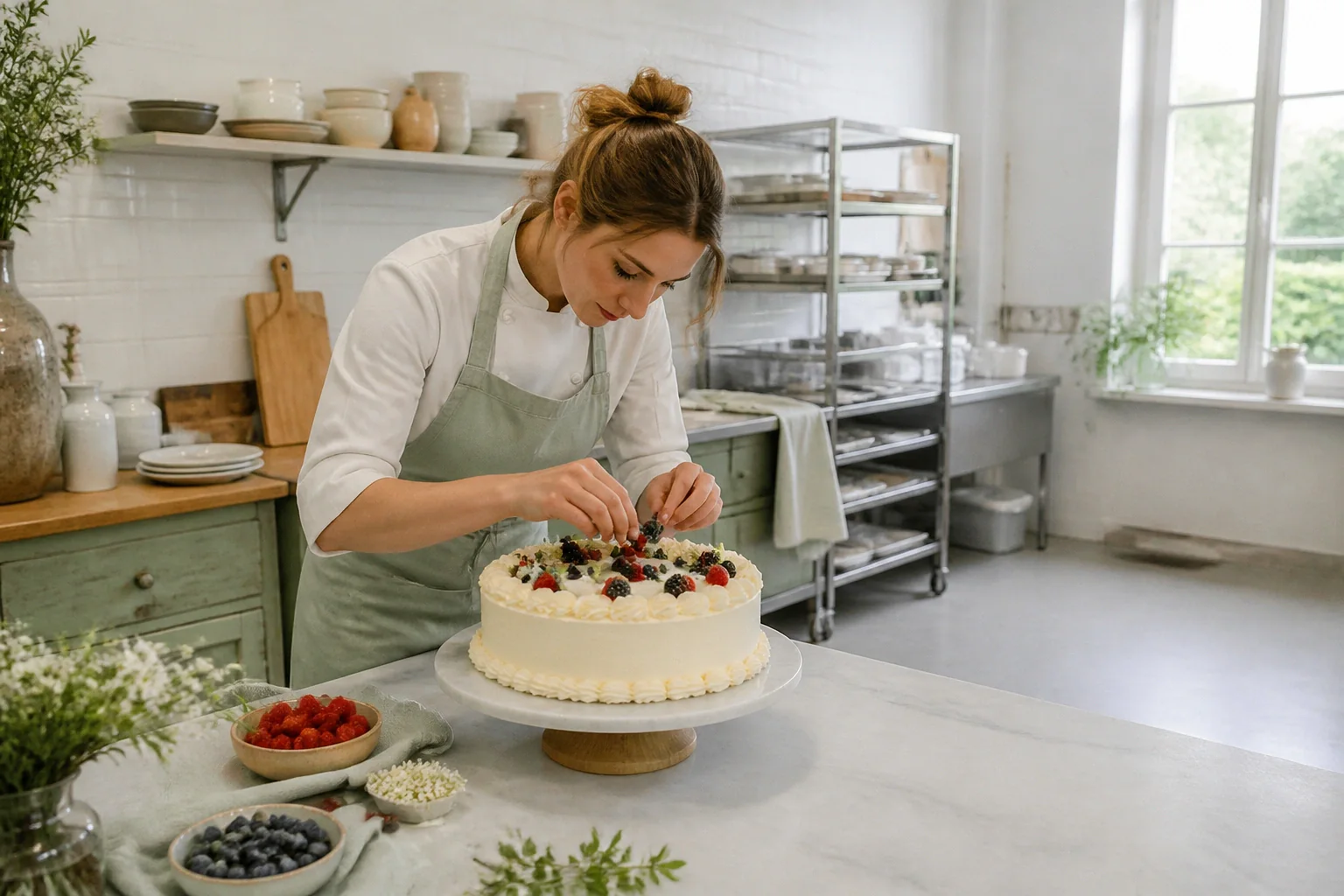 Gâteau de mariage préparé dans un atelier — illustration générée par IA