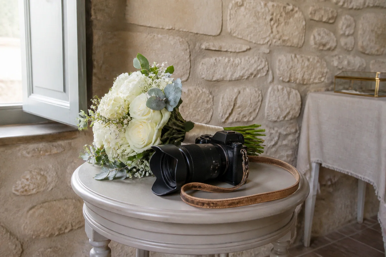 Appareil photo et accessoires de reportage de mariage — illustration générée par IA