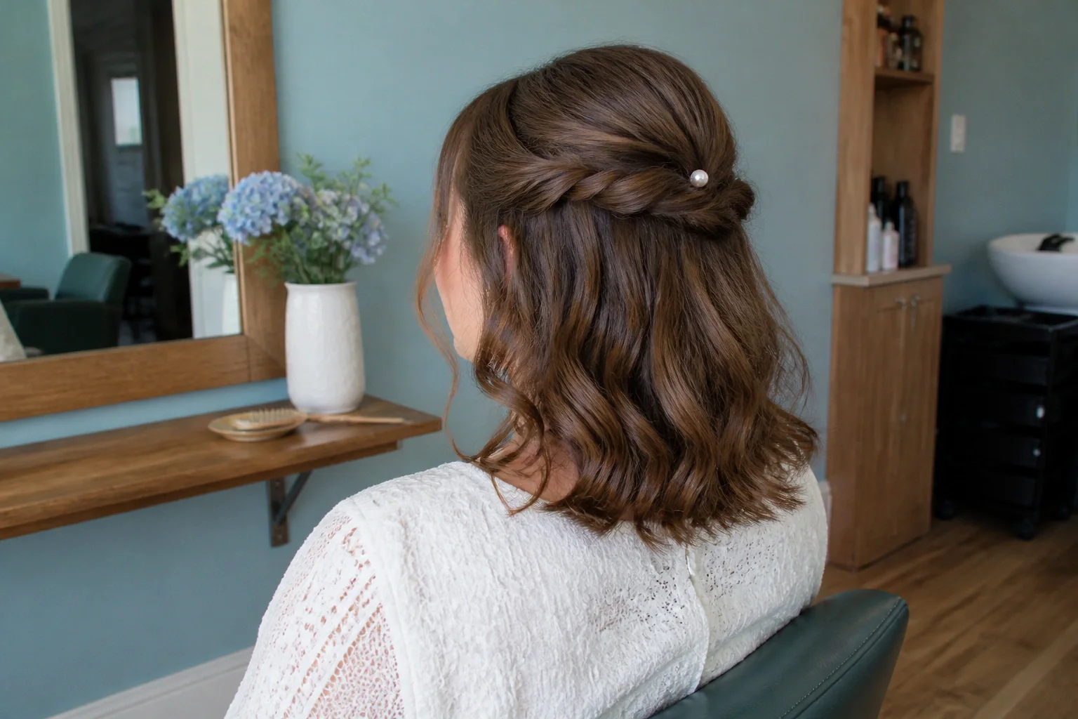 Coiffure de cérémonie vue pendant la préparation — illustration générée par IA