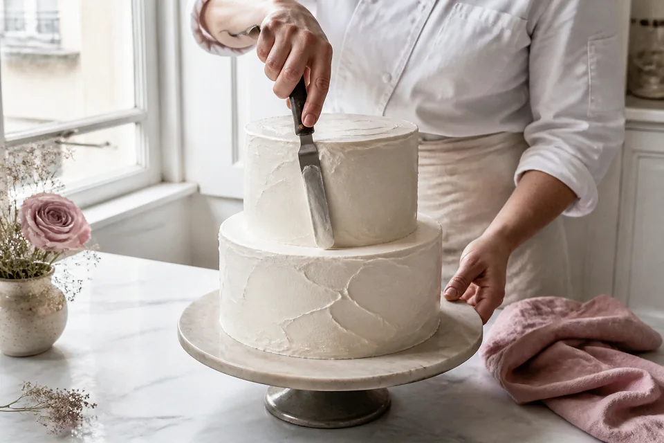 Gâteau de mariage préparé dans un atelier — illustration générée par IA