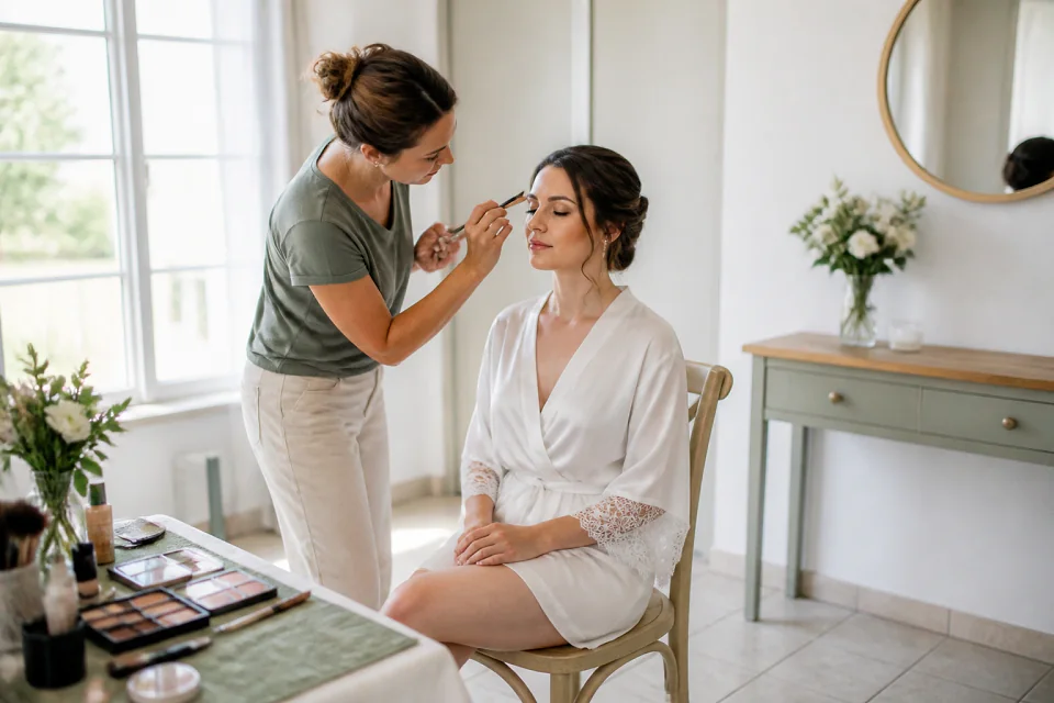 Préparation d’un maquillage de mariage — illustration générée par IA