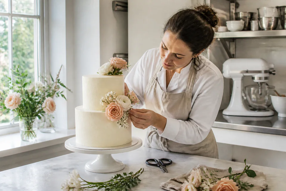 Gâteau de mariage préparé dans un atelier — illustration générée par IA