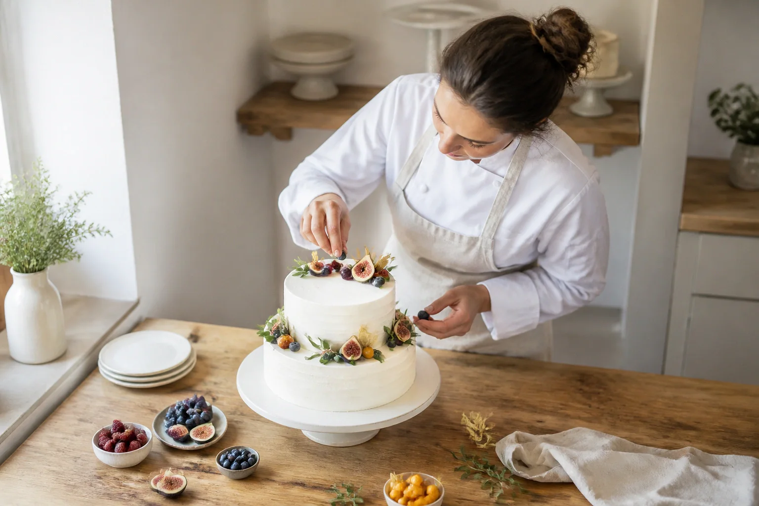 Gâteau de mariage préparé dans un atelier — illustration générée par IA