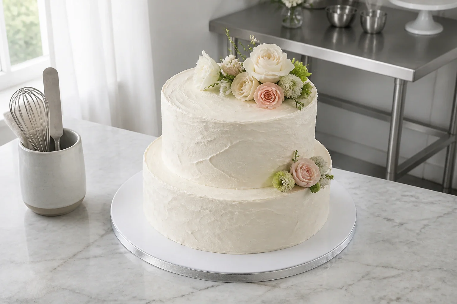 Gâteau de mariage préparé dans un atelier — illustration générée par IA