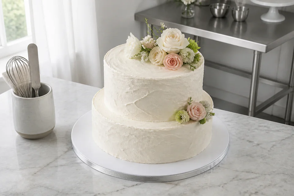 Gâteau de mariage préparé dans un atelier — illustration générée par IA