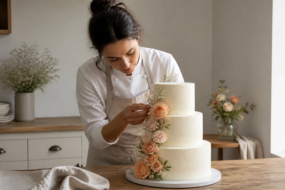 Gâteau de mariage préparé dans un atelier — illustration générée par IA