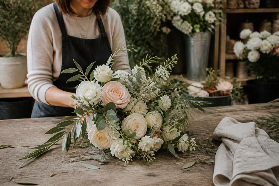 Préparation florale pour un mariage — illustration générée par IA