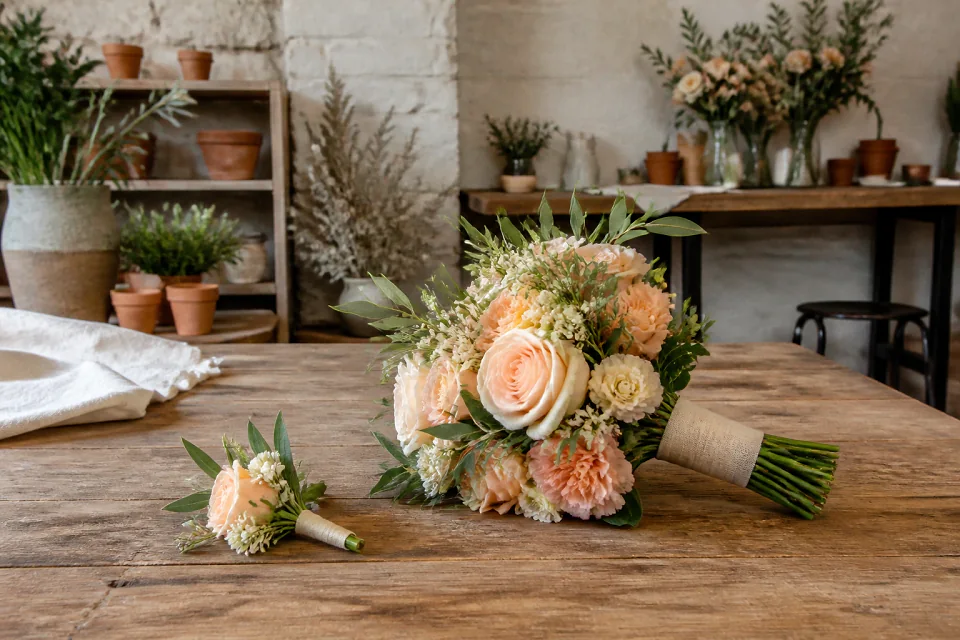 Préparation florale pour un mariage — illustration générée par IA