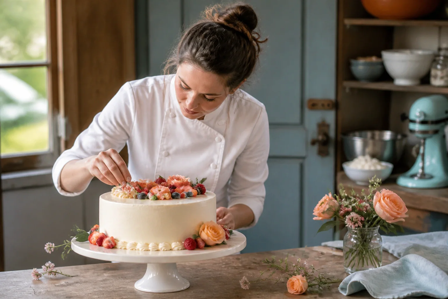 Gâteau de mariage préparé dans un atelier — illustration générée par IA