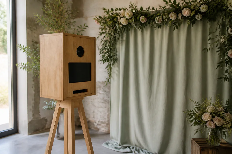 Borne photo installée pour une réception de mariage — illustration générée par IA