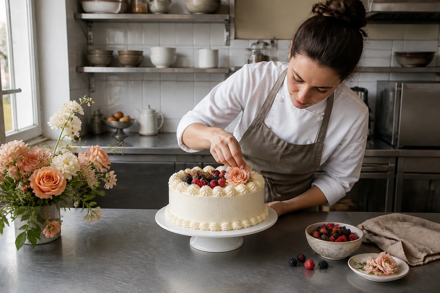 Gâteau de mariage préparé dans un atelier — illustration générée par IA
