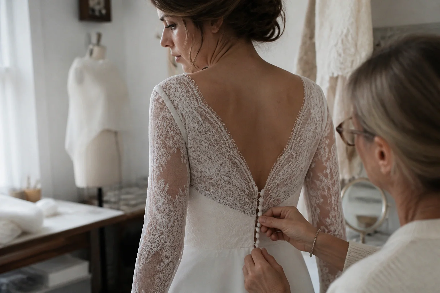 Robe de mariée dans un atelier de confection — illustration générée par IA