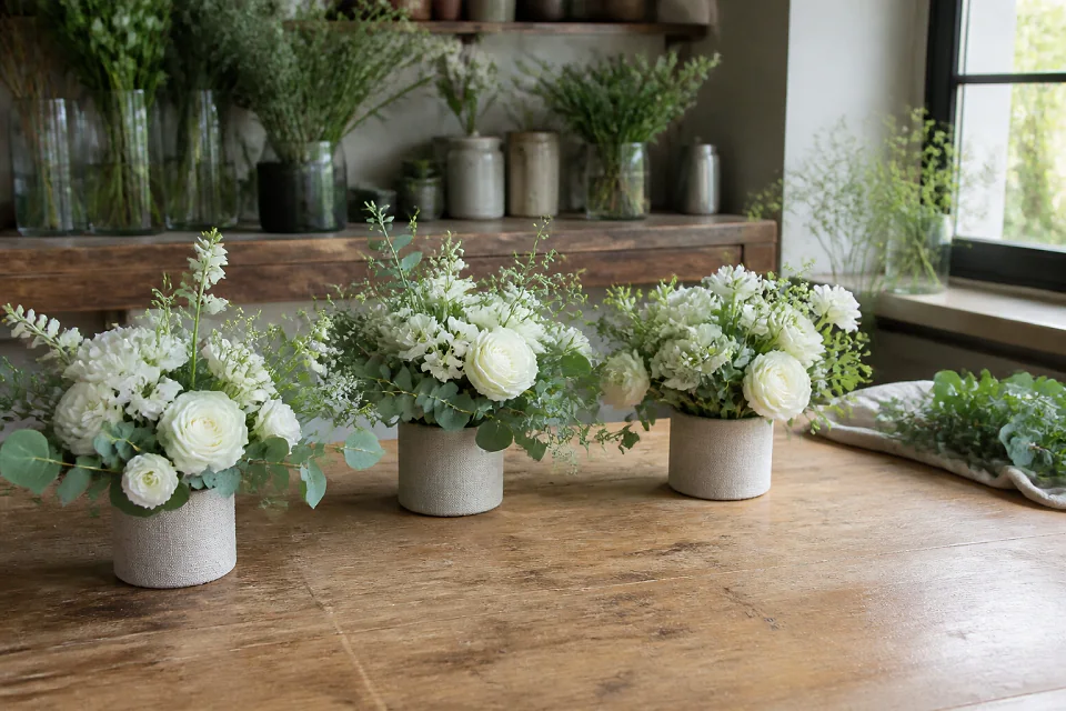 Préparation florale pour un mariage — illustration générée par IA