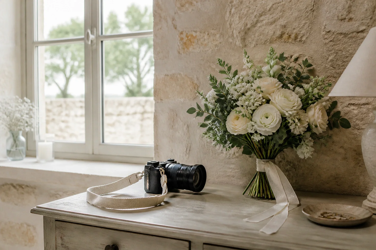 Appareil photo et accessoires de reportage de mariage — illustration générée par IA