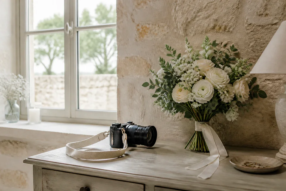Appareil photo et accessoires de reportage de mariage — illustration générée par IA