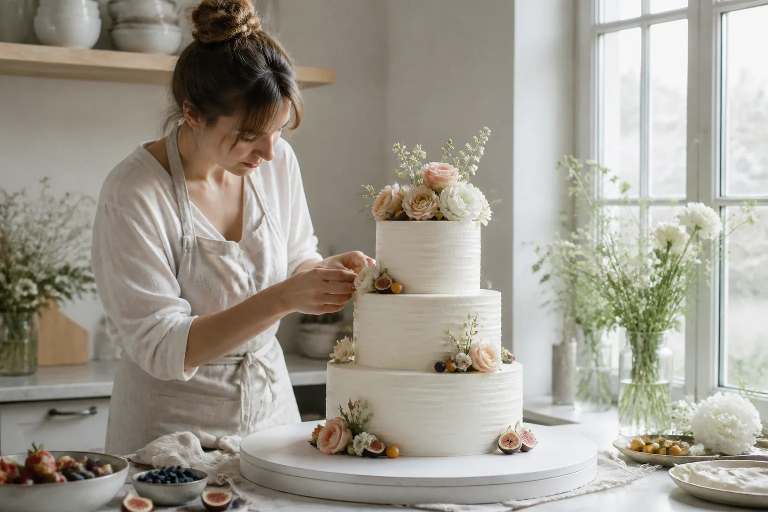 Gâteau de mariage préparé dans un atelier — illustration générée par IA