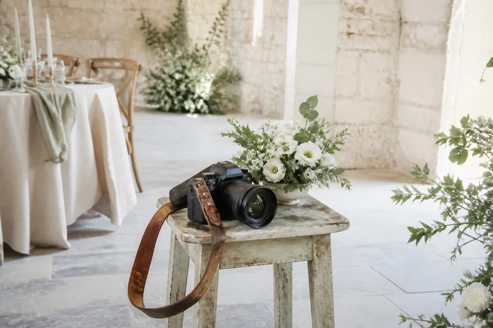 Appareil photo et accessoires de reportage de mariage — illustration générée par IA