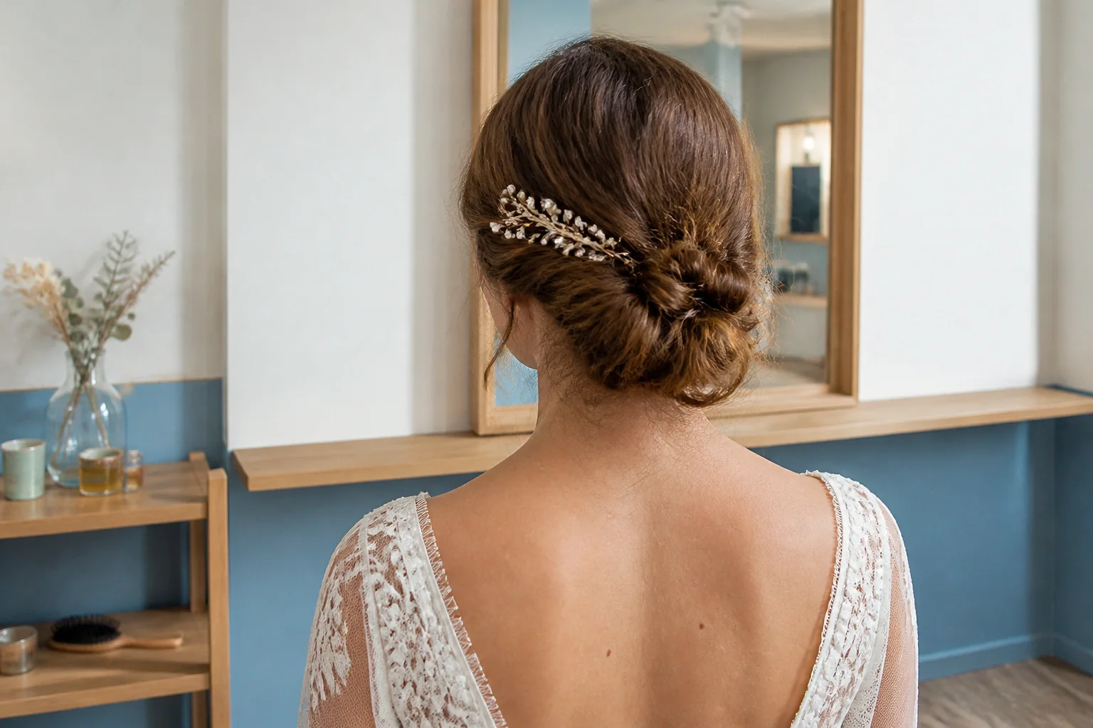 Coiffure de cérémonie vue pendant la préparation — illustration générée par IA
