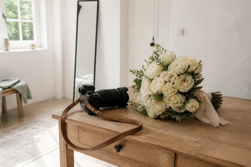 Appareil photo et accessoires de reportage de mariage — illustration générée par IA