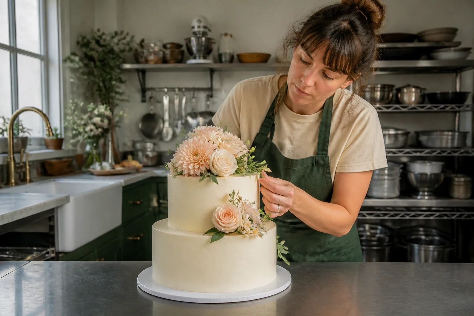 Gâteau de mariage préparé dans un atelier — illustration générée par IA