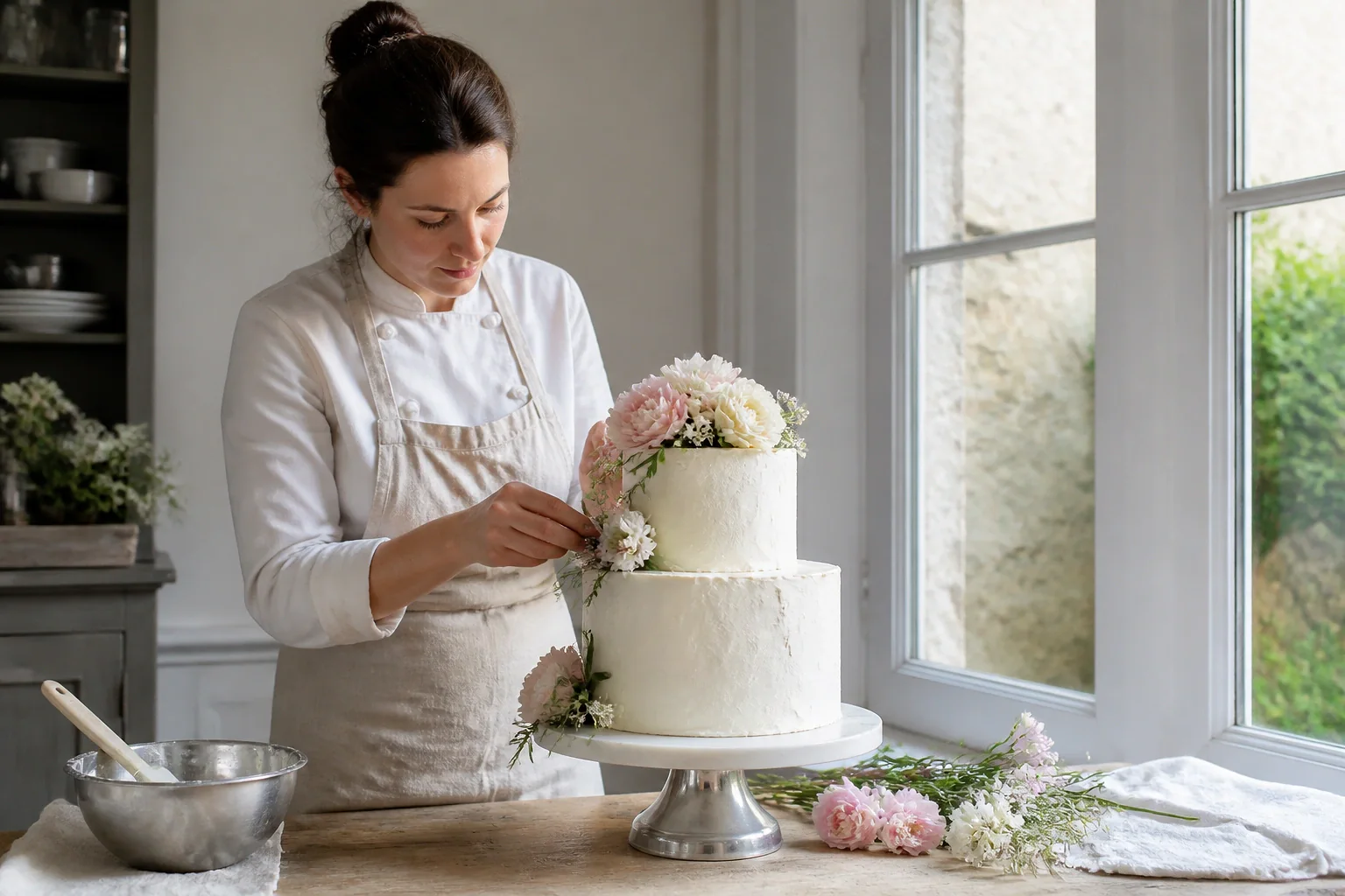 Gâteau de mariage préparé dans un atelier — illustration générée par IA