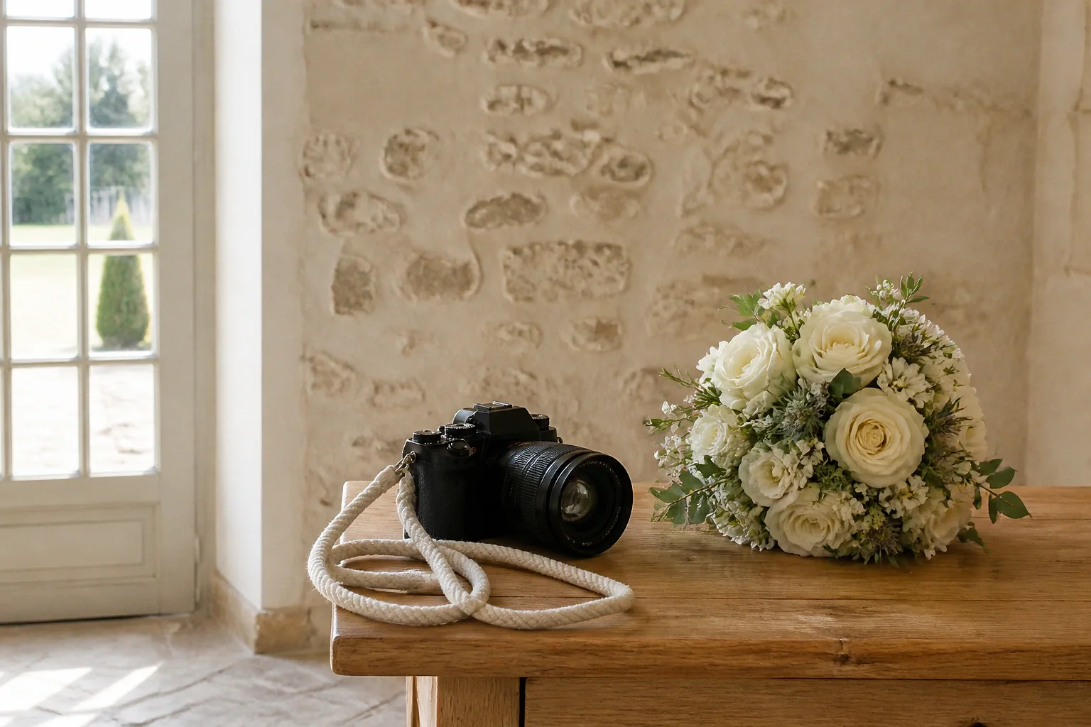 Appareil photo et accessoires de reportage de mariage — illustration générée par IA