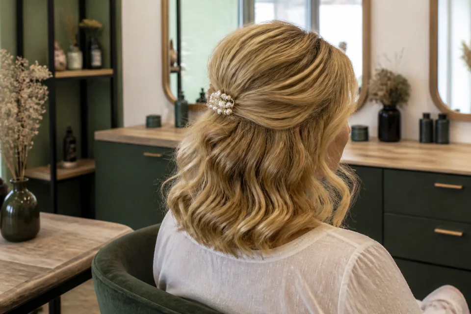 Coiffure de cérémonie vue pendant la préparation — illustration générée par IA