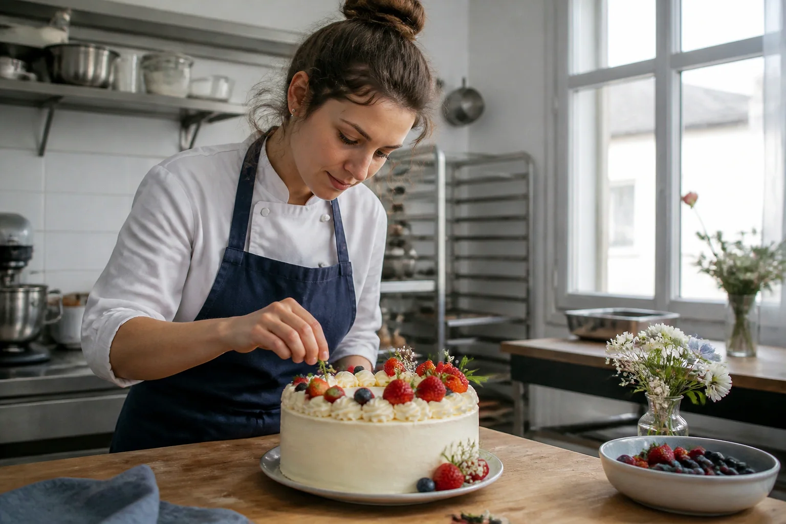 Gâteau de mariage préparé dans un atelier — illustration générée par IA