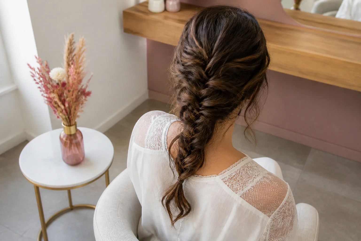Coiffure de cérémonie vue pendant la préparation — illustration générée par IA