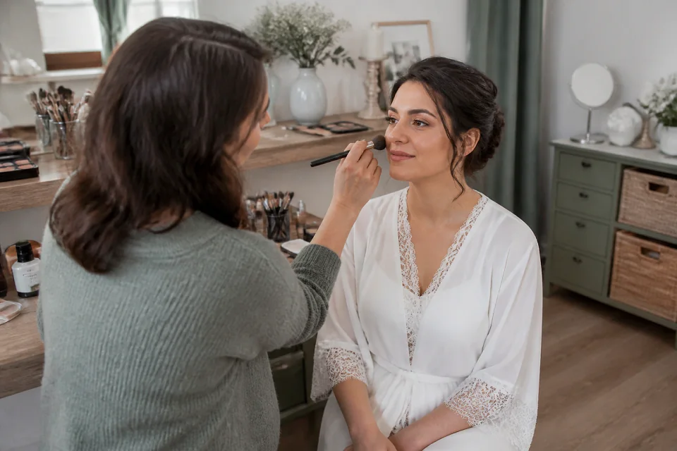 Préparation d’un maquillage de mariage — illustration générée par IA