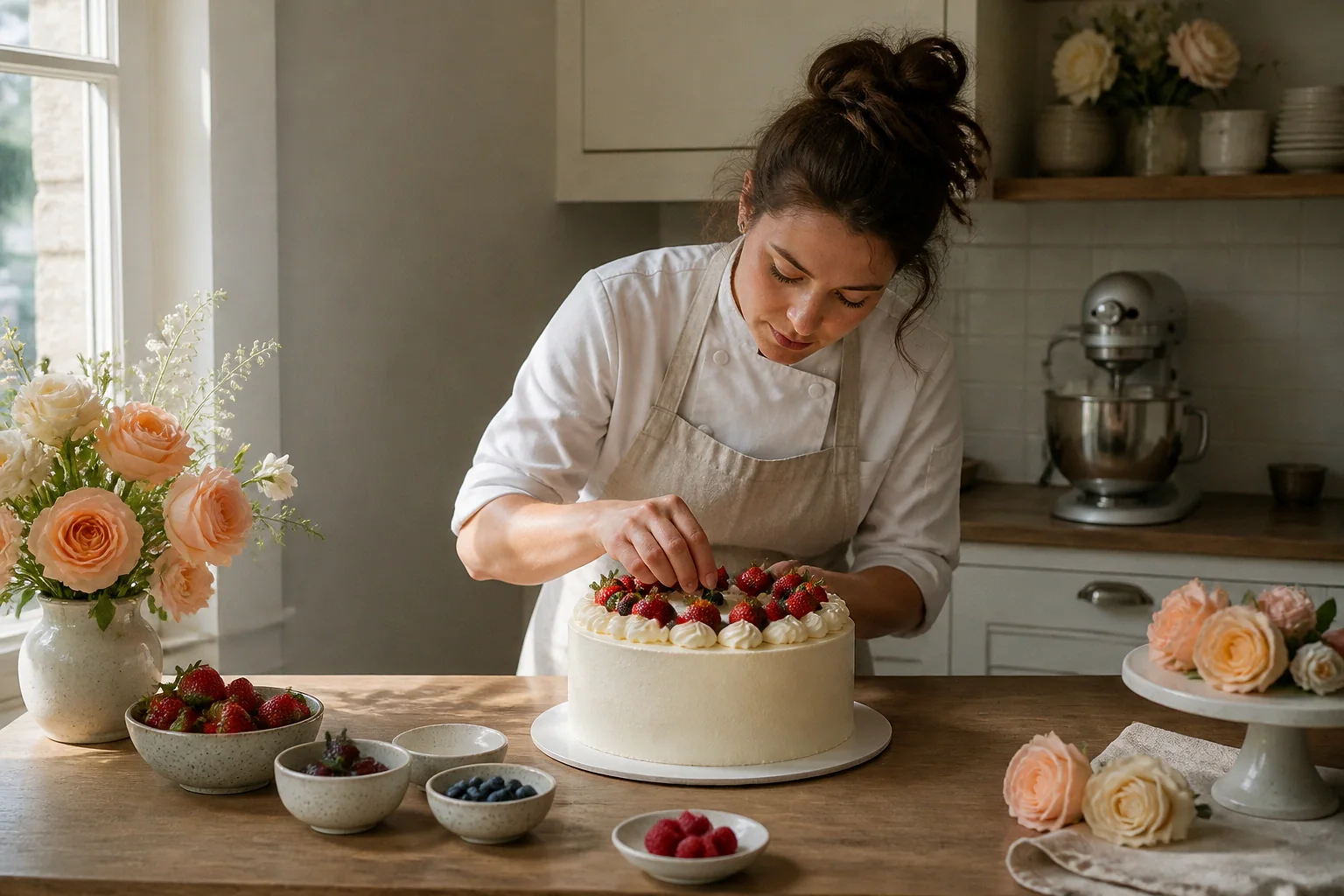 Gâteau de mariage préparé dans un atelier — illustration générée par IA