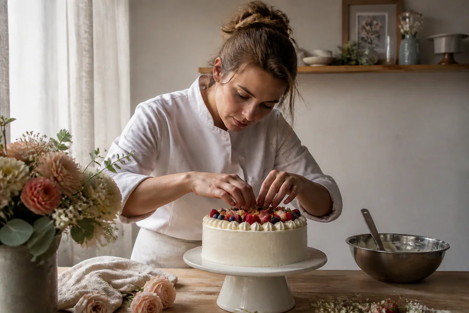 Gâteau de mariage préparé dans un atelier — illustration générée par IA