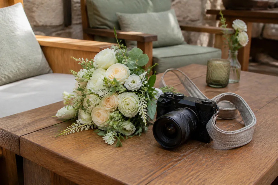 Appareil photo et accessoires de reportage de mariage — illustration générée par IA