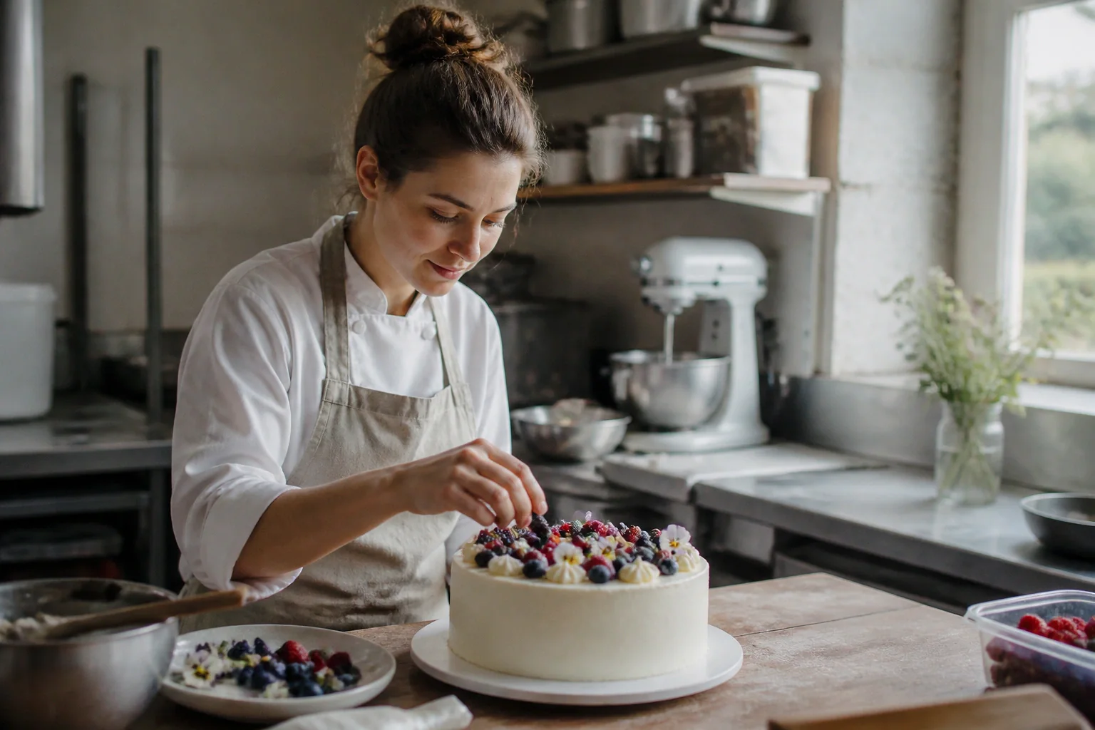 Gâteau de mariage préparé dans un atelier — illustration générée par IA