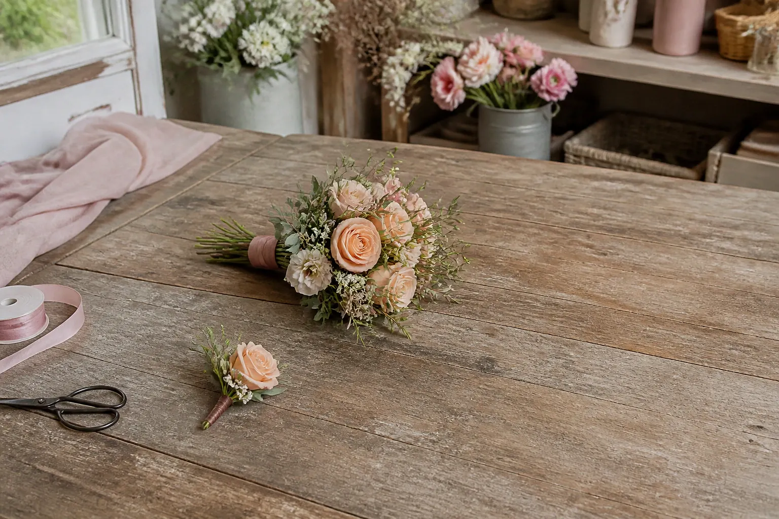 Préparation florale pour un mariage — illustration générée par IA