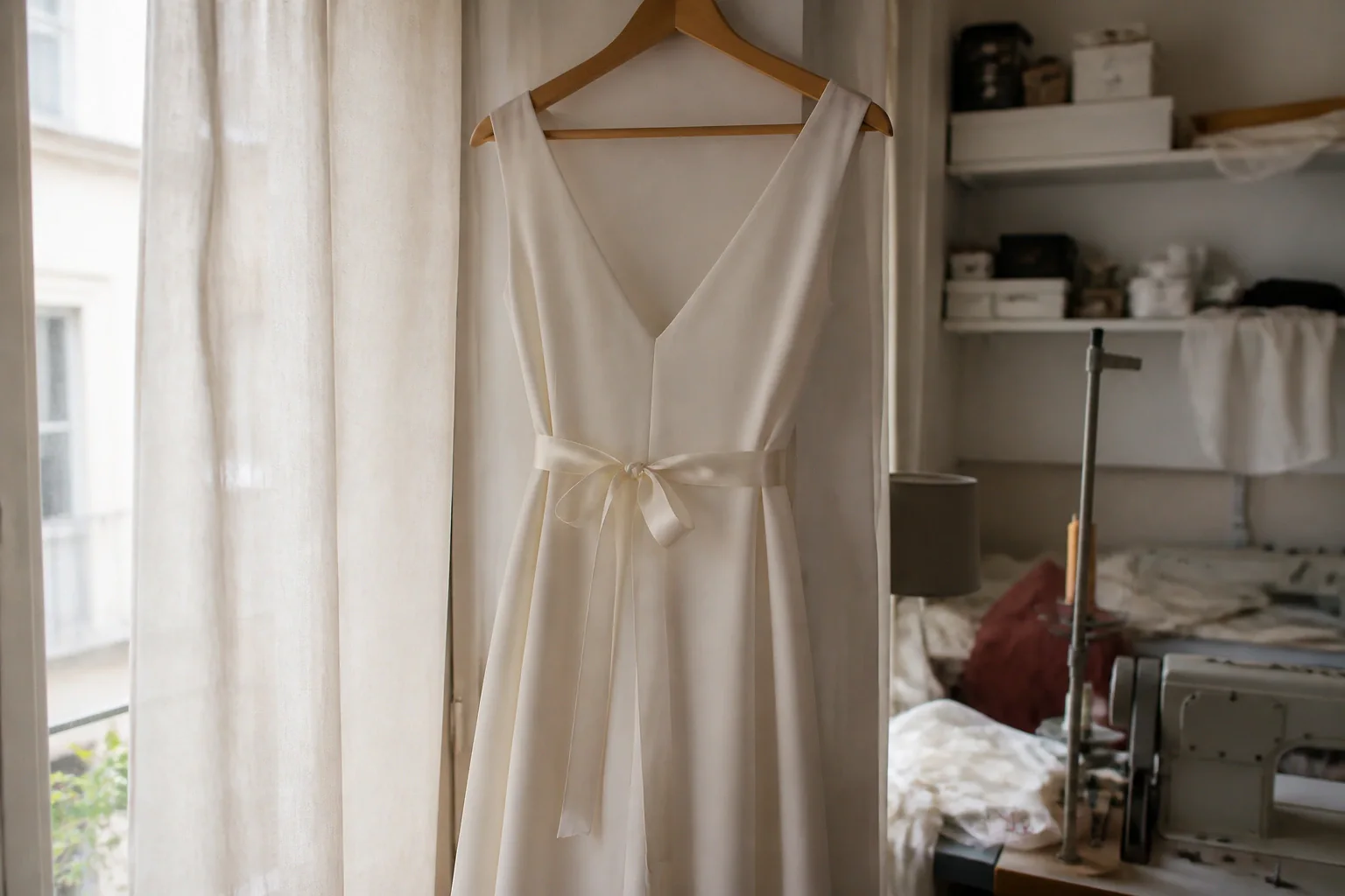 Robe de mariée dans un atelier de confection — illustration générée par IA