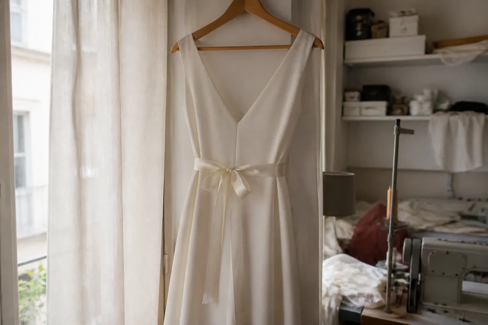 Robe de mariée dans un atelier de confection — illustration générée par IA