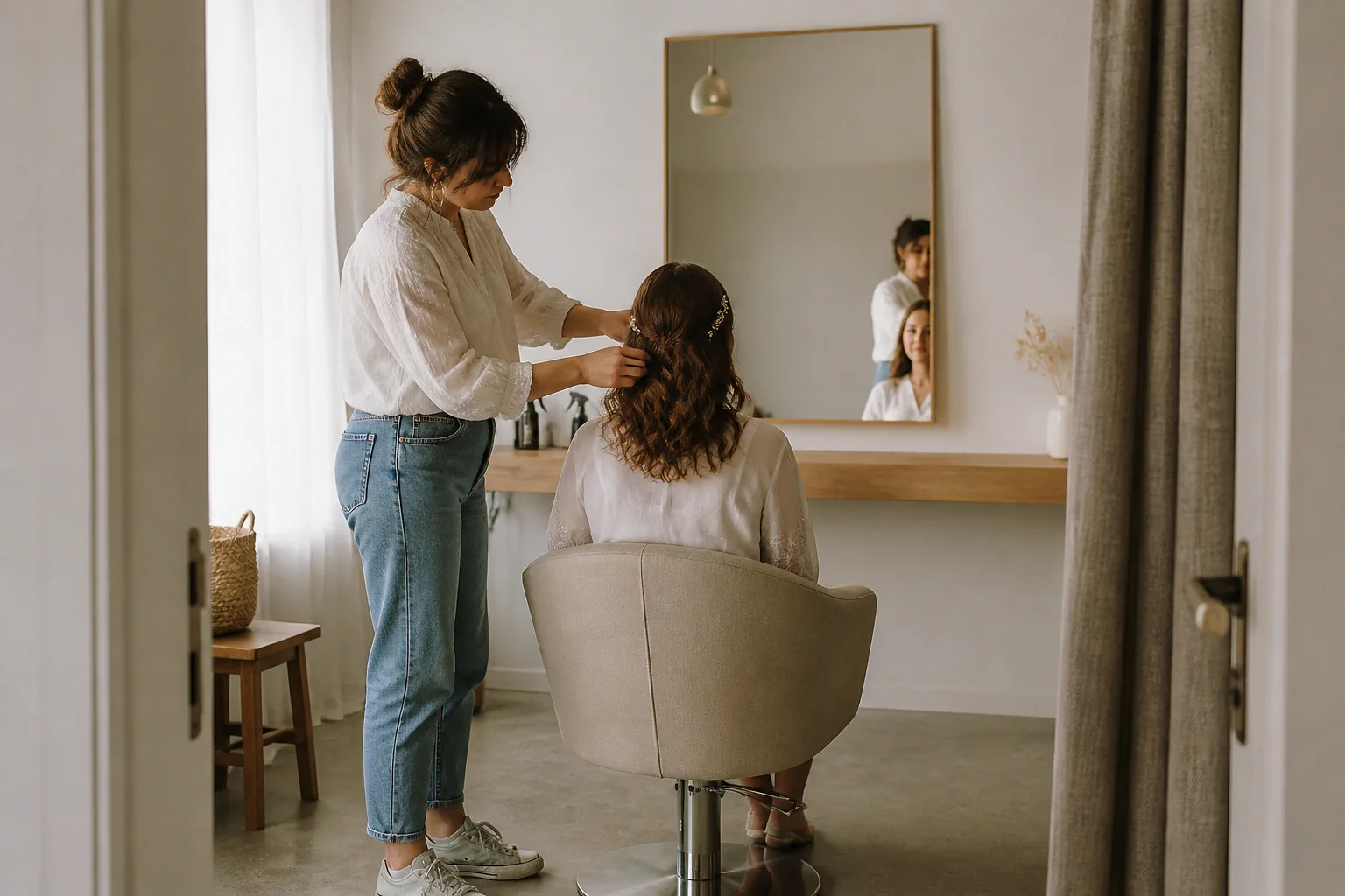 Coiffure de cérémonie vue pendant la préparation — illustration générée par IA