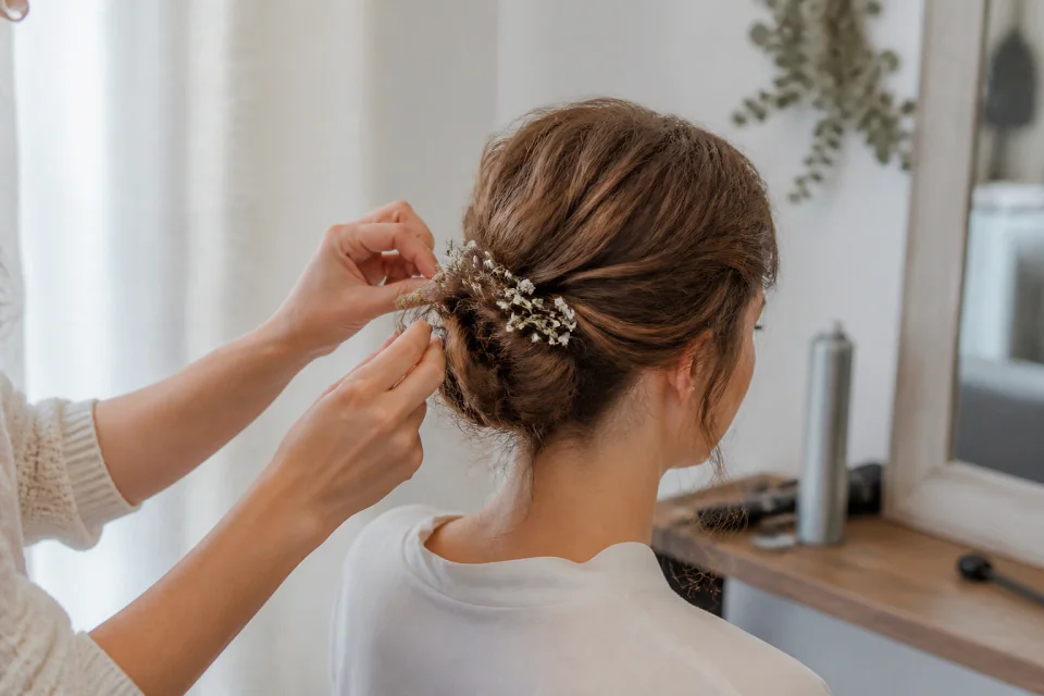 Coiffure de cérémonie vue pendant la préparation — illustration générée par IA