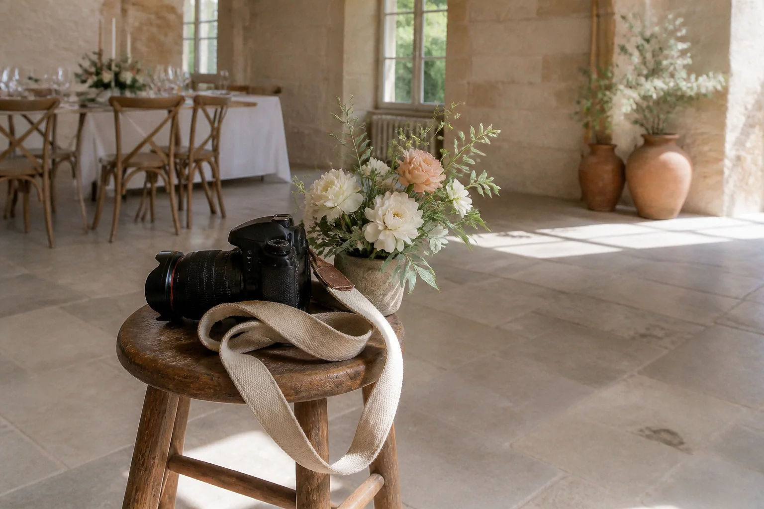 Appareil photo et accessoires de reportage de mariage — illustration générée par IA