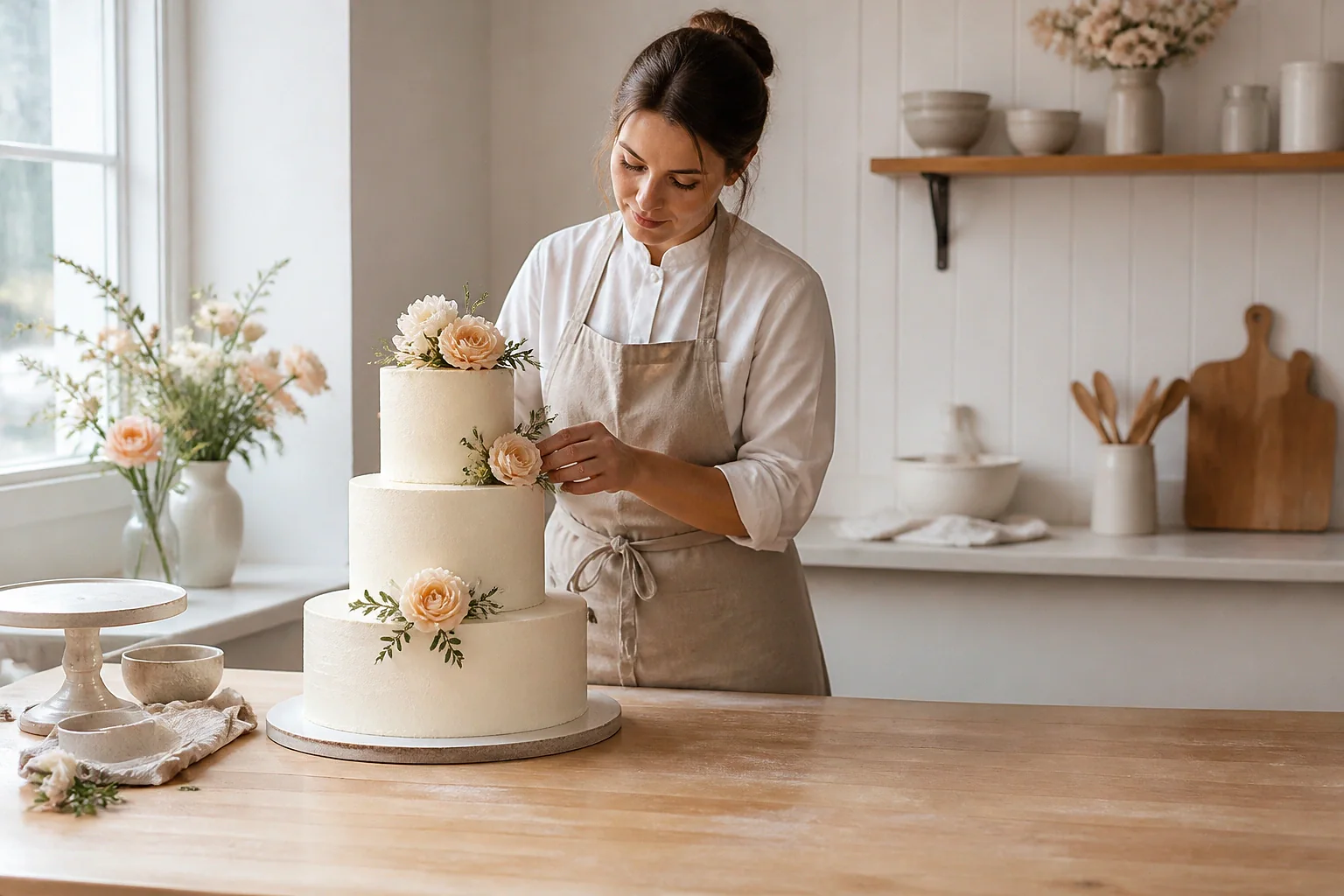 Gâteau de mariage préparé dans un atelier — illustration générée par IA