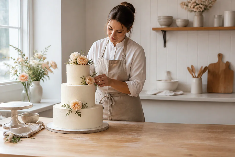 Gâteau de mariage préparé dans un atelier — illustration générée par IA
