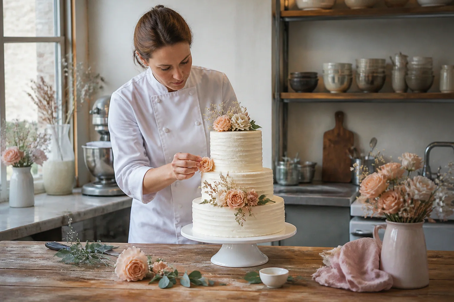 Gâteau de mariage préparé dans un atelier — illustration générée par IA