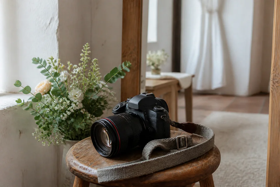 Appareil photo et accessoires de reportage de mariage — illustration générée par IA
