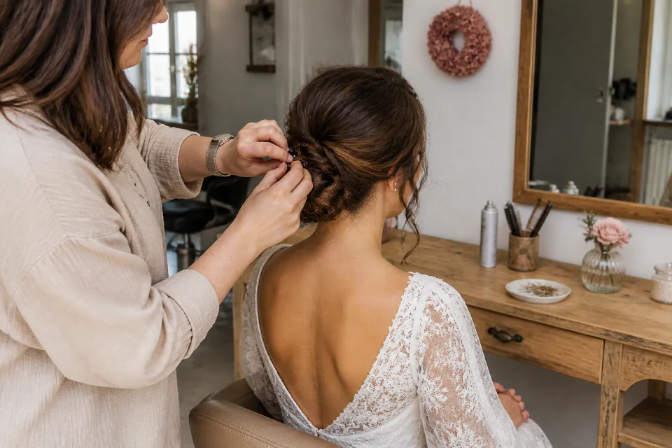 Coiffure de cérémonie vue pendant la préparation — illustration générée par IA
