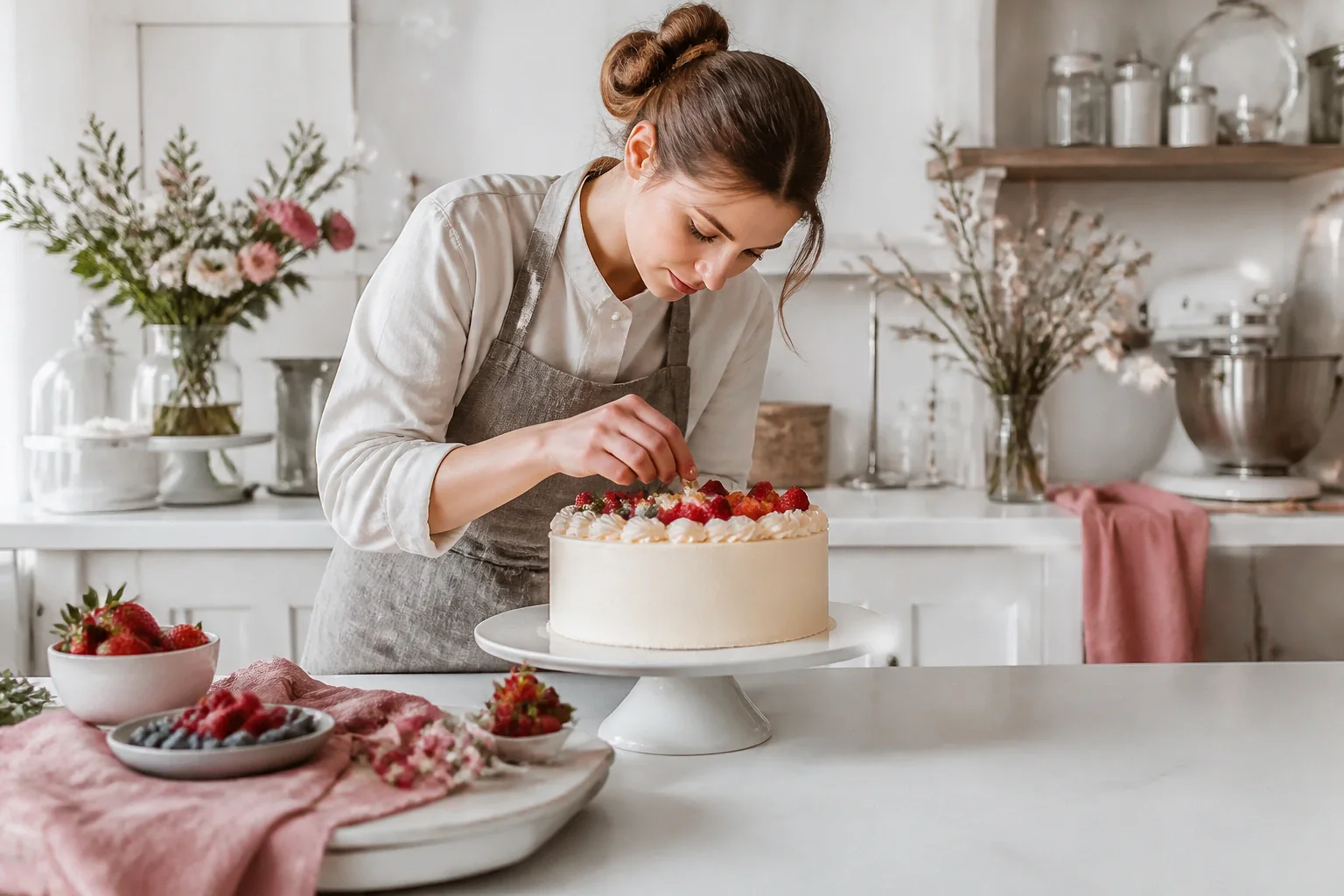 Gâteau de mariage préparé dans un atelier — illustration générée par IA